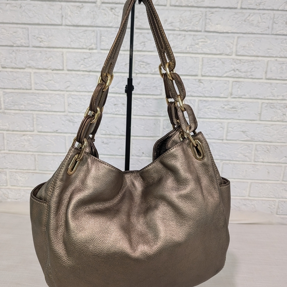 MK Michael Kors Gold Metallic Satchel Boho Shoulder Bag Snap Close Purse Leather